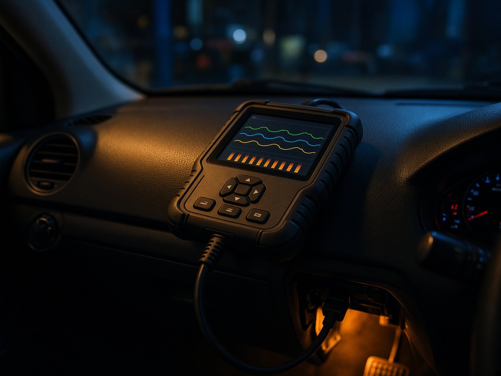 Diagnostic scan tool connected in a dark car